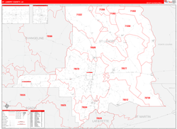 St. LandryParish (County), LA Wall Map Zip Code Red Line Style 2024